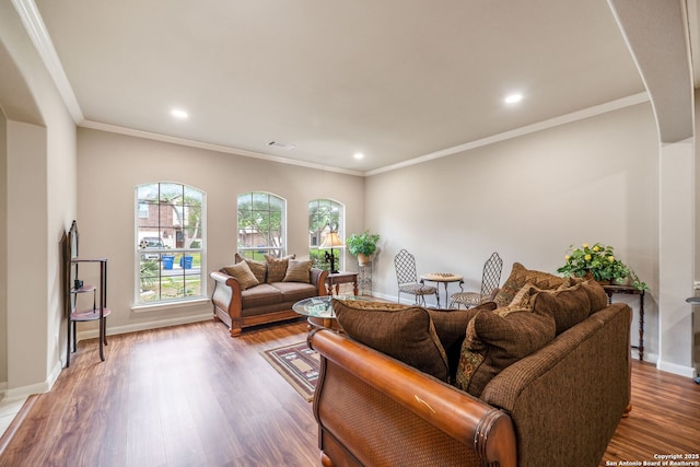 38 Atwell, San Antonio, TX 78254 - living area with wood finished floors, baseboards, ornamental molding, and recessed lighting