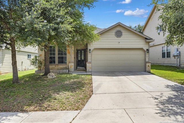 110 Ville Serene, San Antonio, TX 78253 - view of front facade featuring a garage, concrete driveway, a front lawn, and stone siding