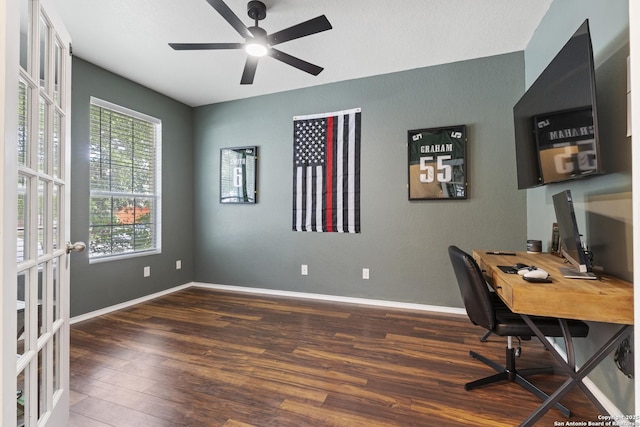 110 Ville Serene, San Antonio, TX 78253 - office featuring wood finished floors, a ceiling fan, french doors, and baseboards