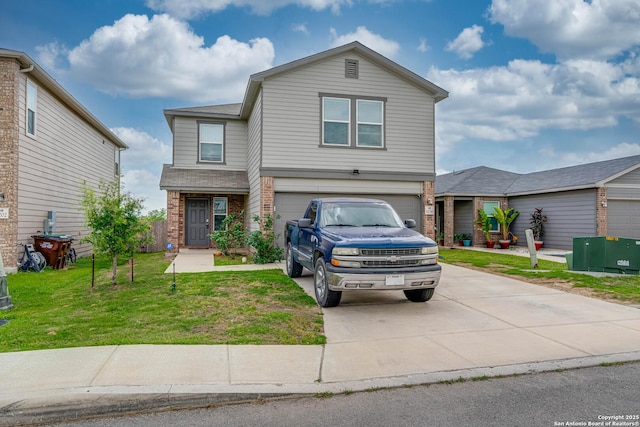 6136 Sunflower, San Antonio, TX 78244 - traditional-style house featuring driveway, brick siding, a garage, and a front yard