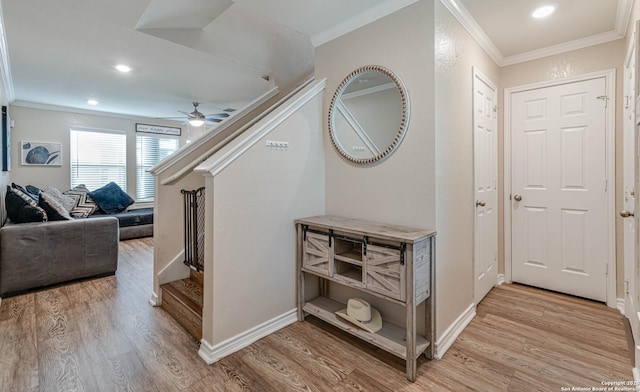6136 Sunflower, San Antonio, TX 78244 - hallway featuring crown molding, light wood-style floors, baseboards, and recessed lighting
