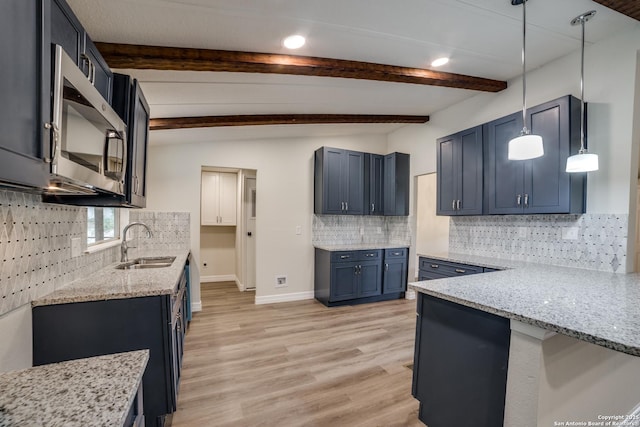 13635 Owl Tree, San Antonio, TX 78253 - kitchen with a sink, light stone counters, blue cabinets, light wood-type flooring, and recessed lighting