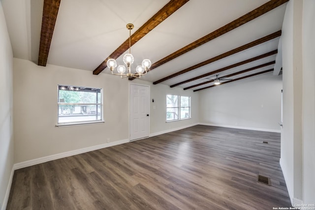 13635 Owl Tree, San Antonio, TX 78253 - unfurnished dining area featuring a chandelier, baseboards, beam ceiling, and dark wood-style flooring