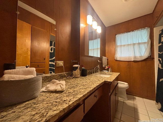 3802 Quiver, San Antonio, TX 78238 - full bathroom with tile patterned floors, toilet, vanity, wooden walls, and lofted ceiling