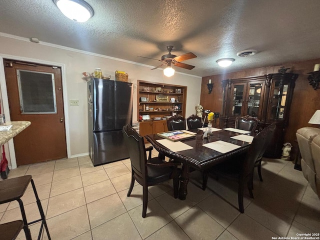 3802 Quiver, San Antonio, TX 78238 - dining room with a textured ceiling, ceiling fan, light tile patterned flooring, and crown molding