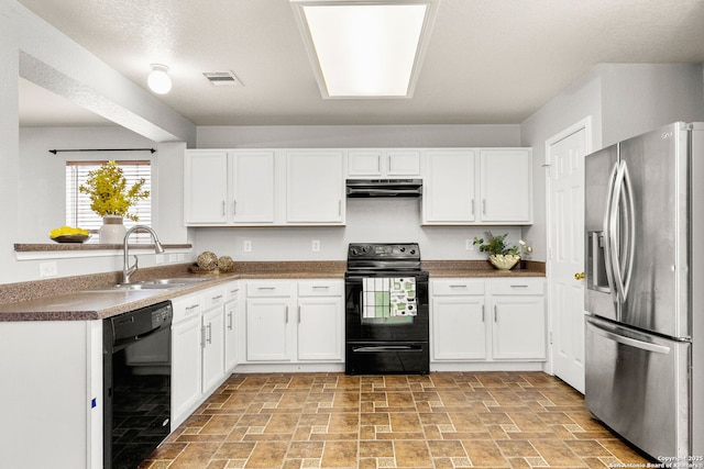 846 Barrel Pt, San Antonio, TX 78251 - kitchen featuring black appliances, under cabinet range hood, a sink, and white cabinets