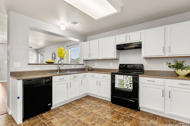 846 Barrel Pt, San Antonio, TX 78251 - kitchen with black appliances, a sink, under cabinet range hood, and white cabinetry