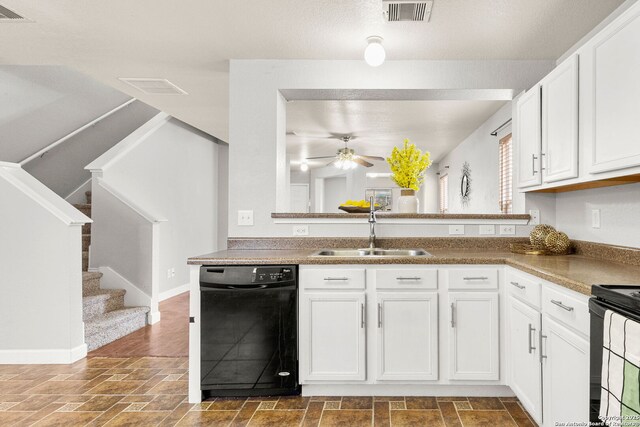 846 Barrel Pt, San Antonio, TX 78251 - kitchen featuring black appliances, a sink, white cabinetry, a ceiling fan, and baseboards