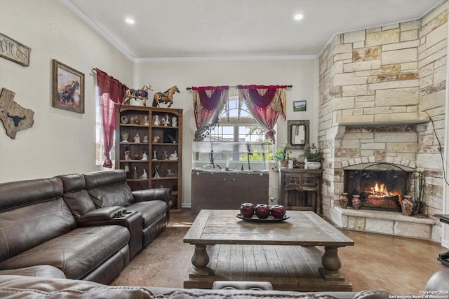 3205 Puter Crk, Spring Branch, TX 78070 - living area with a fireplace, crown molding, and recessed lighting