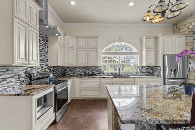 3205 Puter Crk, Spring Branch, TX 78070 - kitchen with appliances with stainless steel finishes, a sink, wall chimney exhaust hood, concrete floors, and a chandelier