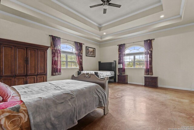 3205 Puter Crk, Spring Branch, TX 78070 - bedroom with concrete floors, multiple windows, a tray ceiling, baseboards, and crown molding