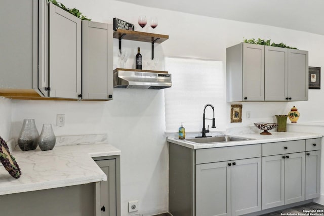 2120 San Fernando, San Antonio, TX 78207 - kitchen with gray cabinets, a sink, open shelves, and under cabinet range hood