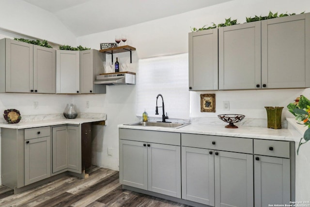 2120 San Fernando, San Antonio, TX 78207 - kitchen with a sink, gray cabinets, dark wood-style floors, and vaulted ceiling