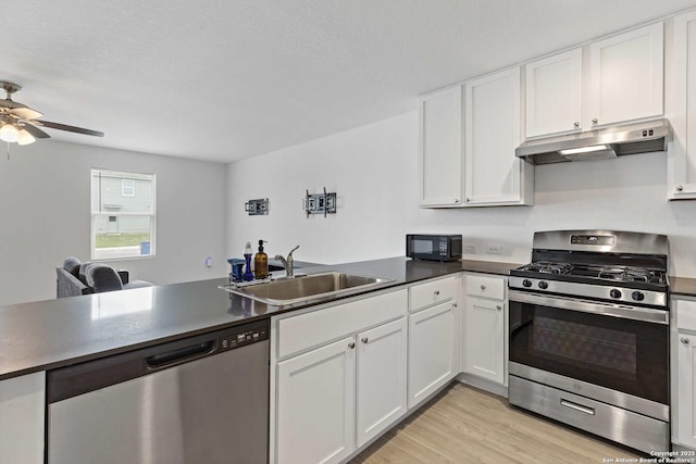 kitchen featuring appliances with stainless steel finishes, a sink, under cabinet range hood, dark countertops, and a peninsula