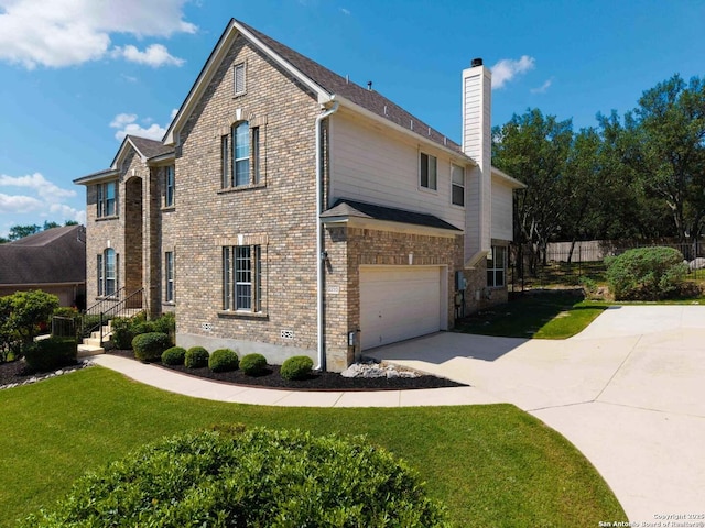 view of property exterior featuring driveway, an attached garage, a chimney, and brick siding