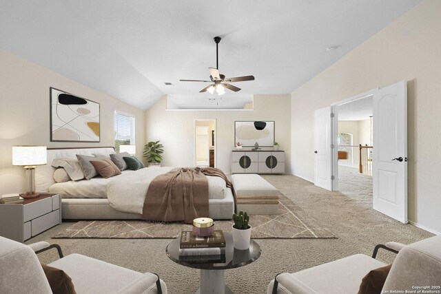 bedroom featuring carpet, lofted ceiling, and ceiling fan