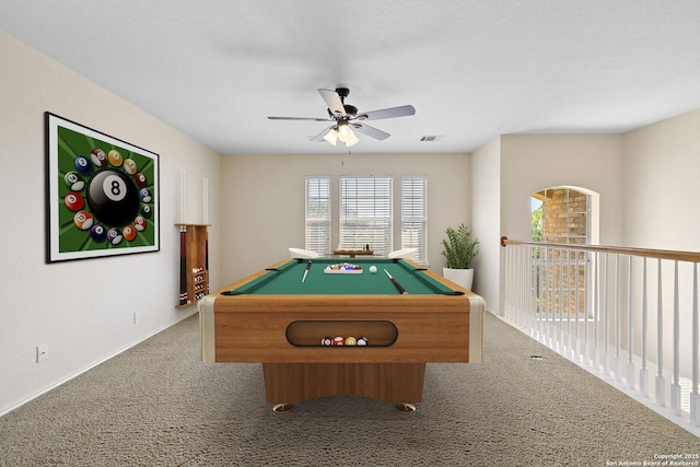 game room featuring carpet flooring, ceiling fan, and billiards