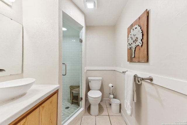 full bath featuring tile patterned floors, toilet, a shower stall, and vanity