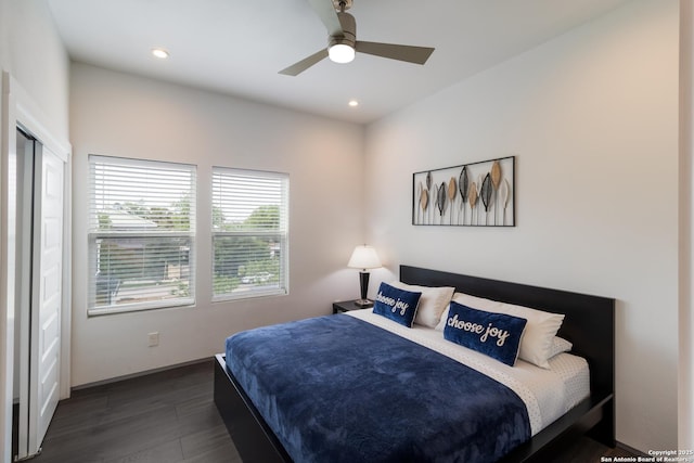 225 S Pine Unit 101, San Antonio, TX 78203 - bedroom featuring dark wood-type flooring, recessed lighting, ceiling fan, and baseboards
