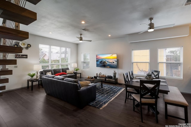 225 S Pine Unit 101, San Antonio, TX 78203 - living area with a ceiling fan, dark wood-style floors, and recessed lighting