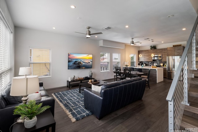 225 S Pine Unit 101, San Antonio, TX 78203 - living area with a ceiling fan, dark wood-type flooring, recessed lighting, and stairs