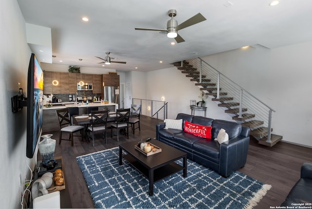 225 S Pine Unit 101, San Antonio, TX 78203 - living room featuring a ceiling fan, wood finished floors, recessed lighting, and stairs