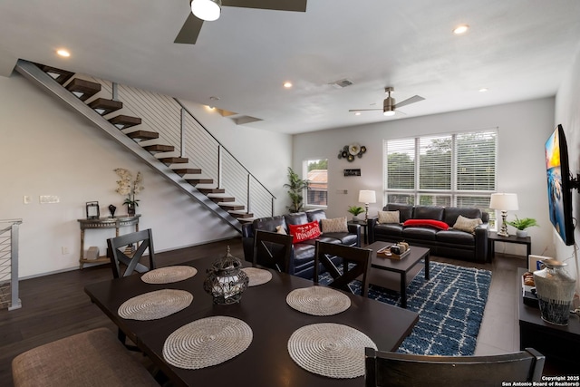 225 S Pine Unit 101, San Antonio, TX 78203 - living area featuring a ceiling fan, stairs, wood finished floors, and recessed lighting