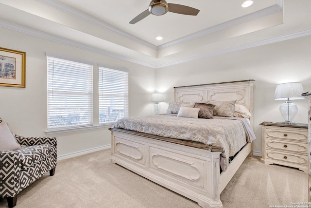 13227 Cache Crk, San Antonio, TX 78253 - bedroom with a tray ceiling, light carpet, ornamental molding, baseboards, and a ceiling fan