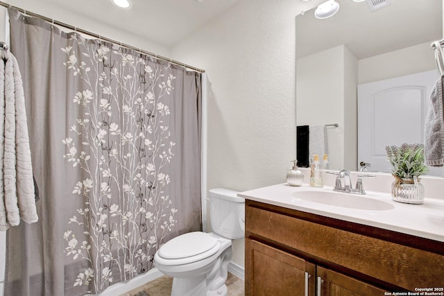 13227 Cache Crk, San Antonio, TX 78253 - bathroom featuring toilet, vanity, a textured wall, a shower with curtain, and tile patterned flooring