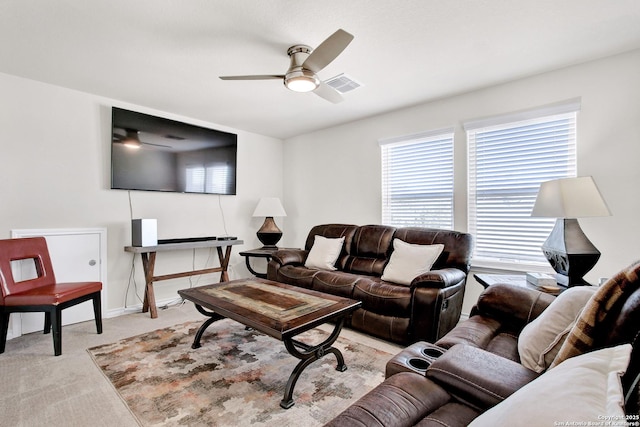 13227 Cache Crk, San Antonio, TX 78253 - living room featuring a ceiling fan, carpet floors, and baseboards
