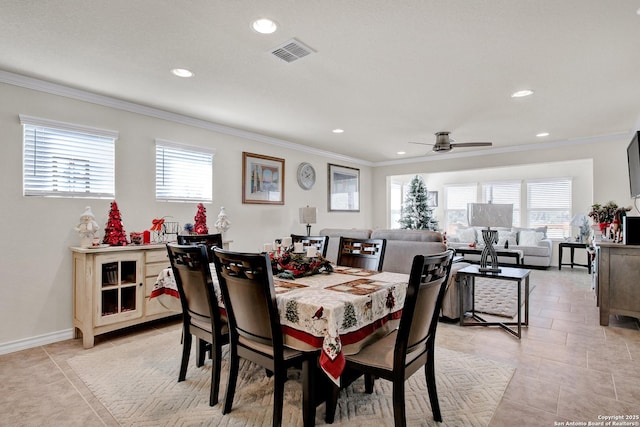 13227 Cache Crk, San Antonio, TX 78253 - dining space featuring crown molding, recessed lighting, ceiling fan, light tile patterned floors, and baseboards