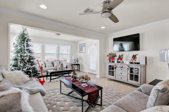 13227 Cache Crk, San Antonio, TX 78253 - living area featuring ornamental molding, ceiling fan, recessed lighting, baseboards, and light tile patterned floors