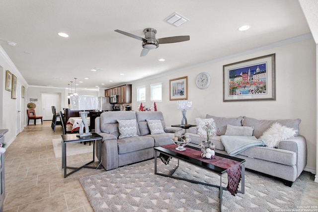 13227 Cache Crk, San Antonio, TX 78253 - living room with crown molding, a ceiling fan, and recessed lighting