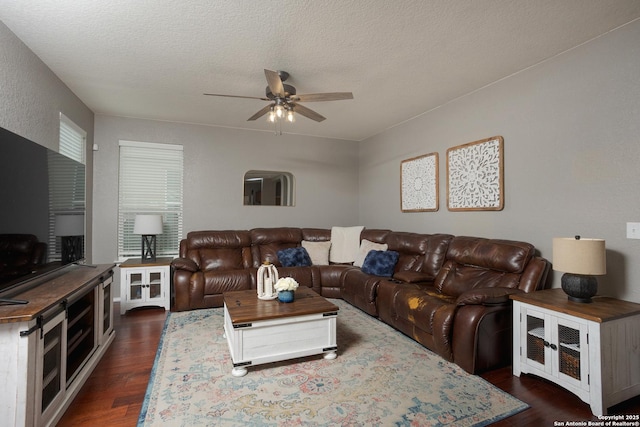 1026 Dogleg Right, San Antonio, TX 78221 - living area featuring dark wood finished floors, ceiling fan, and a textured ceiling