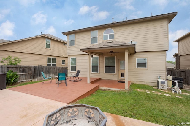1026 Dogleg Right, San Antonio, TX 78221 - back of property featuring an outdoor fire pit, a wooden deck, a patio area, and ceiling fan
