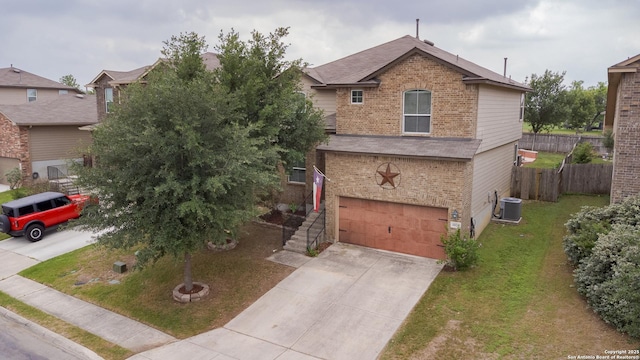 1026 Dogleg Right, San Antonio, TX 78221 - traditional home featuring brick siding, concrete driveway, an attached garage, central AC unit, and a shingled roof