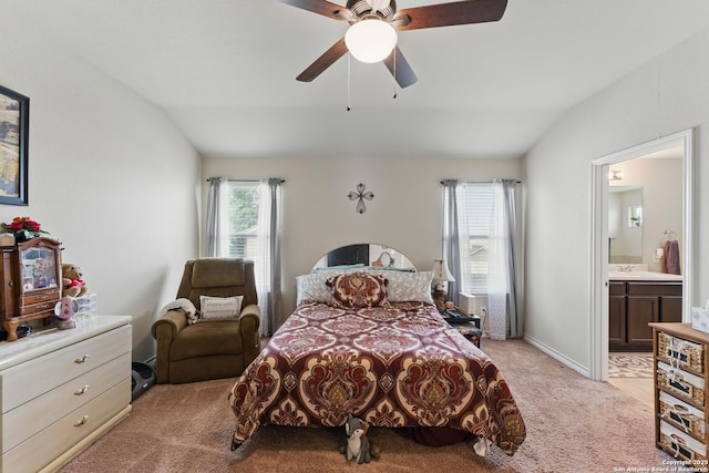 7303 Altair Loop, San Antonio, TX 78252 - bedroom with lofted ceiling, light colored carpet, connected bathroom, and a ceiling fan