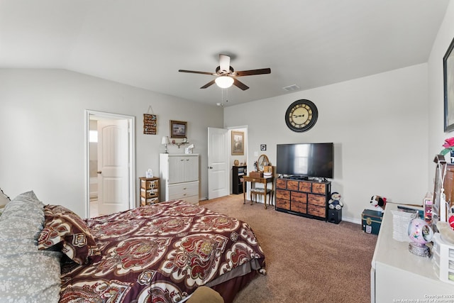 7303 Altair Loop, San Antonio, TX 78252 - bedroom with light carpet, lofted ceiling, and ceiling fan