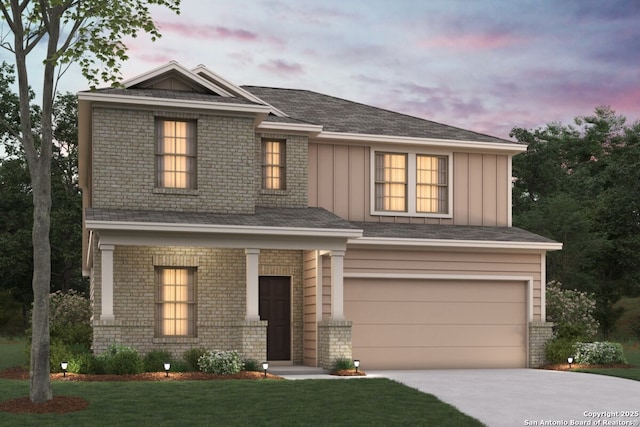 8205 Foxtail Frk, San Antonio, TX 78222 - view of front facade featuring an attached garage, concrete driveway, board and batten siding, a lawn, and brick siding
