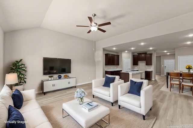 8205 Foxtail Frk, San Antonio, TX 78222 - living area with ceiling fan, light wood-style flooring, baseboards, recessed lighting, and vaulted ceiling