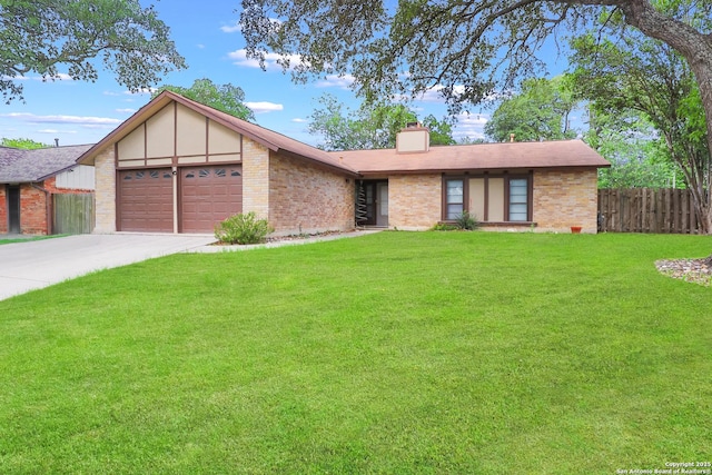 view of front of house with an attached garage, a chimney, concrete driveway, and brick siding