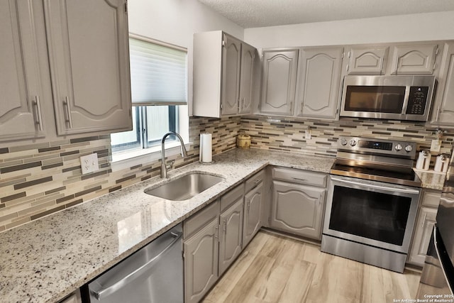 kitchen with appliances with stainless steel finishes, a sink, gray cabinetry, tasteful backsplash, and light wood finished floors