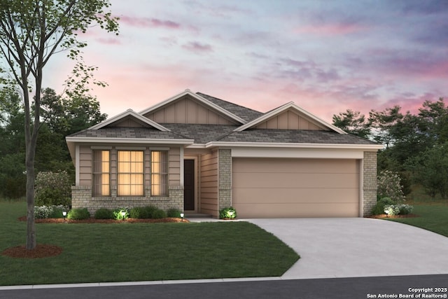 view of front facade with board and batten siding, concrete driveway, a garage, and a front yard