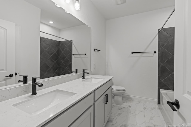 2171 Oak Run Pkwy, New Braunfels, TX 78132 - bathroom with toilet, marble look tile flooring, double vanity, baseboards, and recessed lighting