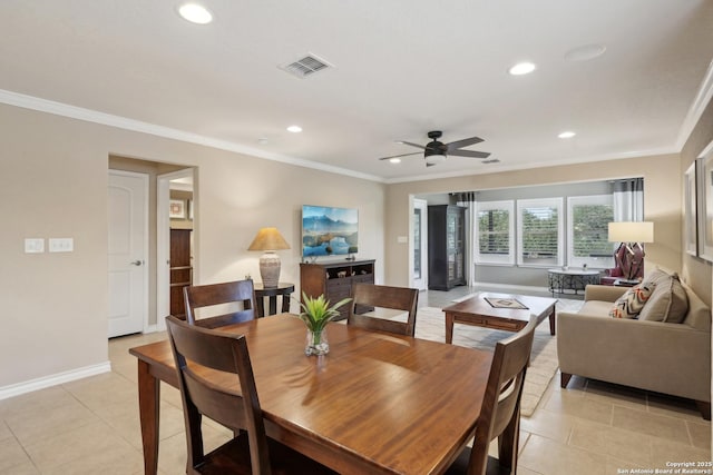 3819 Singing Water, San Antonio, TX 78253 - dining room with recessed lighting, crown molding, ceiling fan, light tile patterned floors, and baseboards