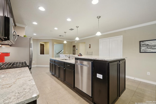 3819 Singing Water, San Antonio, TX 78253 - kitchen with appliances with stainless steel finishes, crown molding, light tile patterned floors, baseboards, and a kitchen island with sink