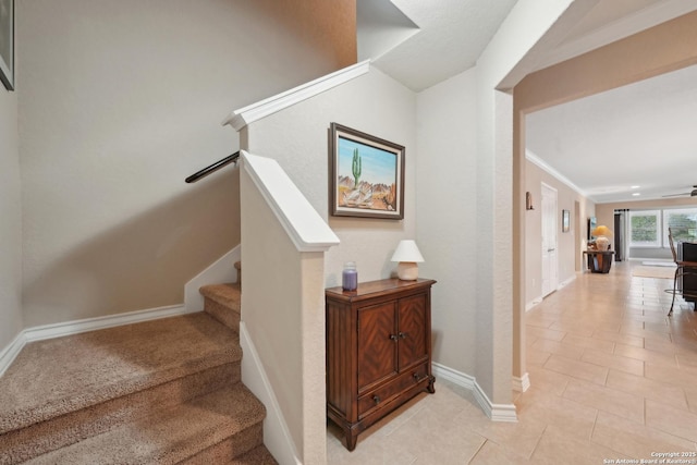 3819 Singing Water, San Antonio, TX 78253 - stairway with baseboards, tile patterned flooring, and ceiling fan