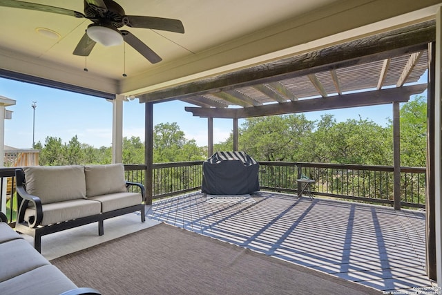 3819 Singing Water, San Antonio, TX 78253 - view of patio with a pergola, an outdoor living space, a ceiling fan, and grilling area
