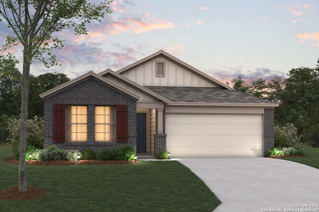 view of front of house featuring board and batten siding, brick siding, driveway, and a front lawn
