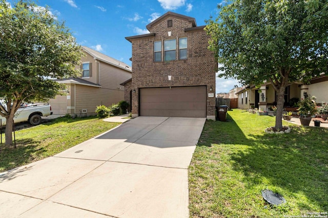 4351 E Safe Hbr, San Antonio, TX 78244 - traditional home featuring brick siding, an attached garage, concrete driveway, and a front lawn